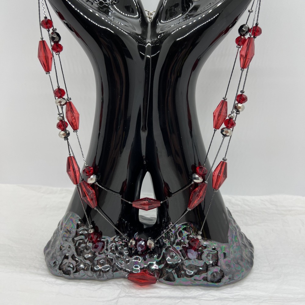 Vintage-Looking 3 Strand Red And Silver Beads On A Gun Metal Grey Chain