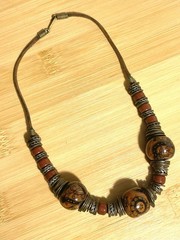 Vintage Wooden Beads & Metal Accents Leather Cord Necklace 1970s Boho Style 16”