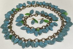 Vintage Grapes & Leaves Glass Neckace Bracelet Earrings In 14k B-on Brass Chain