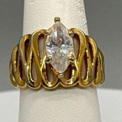 Vargas 18KT GE Marquise Solitaire Rhinestone Ring Cocktail Statement Signed Vtg