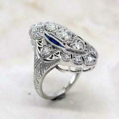 Art Deco Style Lab-Created Diamond & Sapphire Engagement Ring 14K White Gold FN