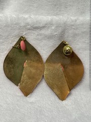 VTG Large Hand-painted Peach Black Enamel Drop Metal MOD Earrings 80’s 3.5 in L