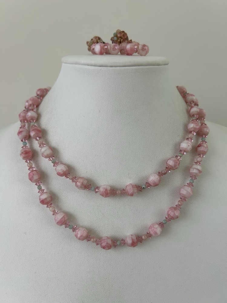 Unsigned Miriam Haskell Pink Art Glass Beaded Necklace Earrings Set 18” READ