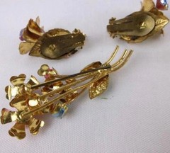 Vintage Austria Crystal Brooch and Earring Set 1950s Gold Tone Enamel Floral