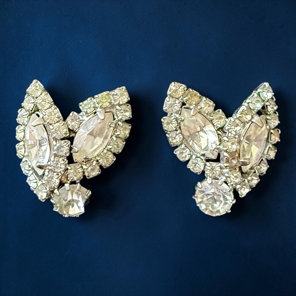 Weiss Earrings Rhinestone Clip On Clear Navette Signed Vintage Mid Century