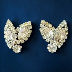 Weiss Earrings Rhinestone Clip On Clear Navette Signed Vintage Mid Century