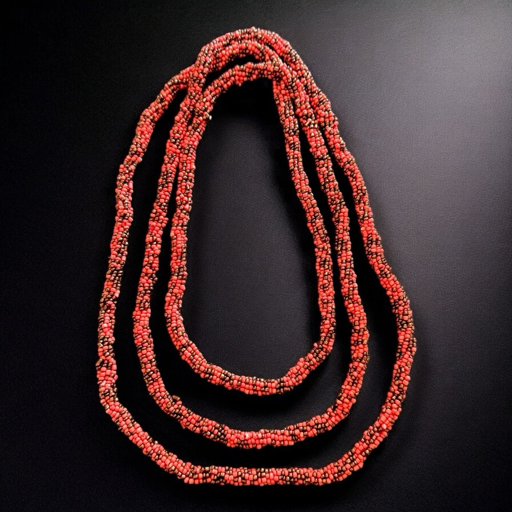 Art Deco Sautoir Necklace Coral Black Glass Bead Crocheted 1920s Flapper