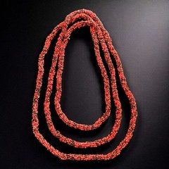 Art Deco Sautoir Necklace Coral Black Glass Bead Crocheted 1920s Flapper