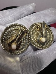 Vintage Blue Cabochon Oversized Chunky Textured Gold Tone Clip On Earrings 80s
