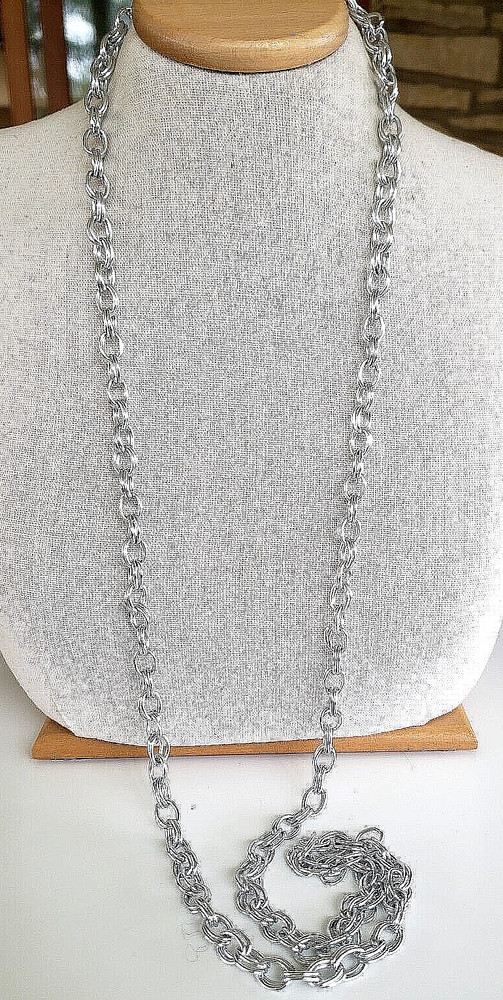 Vintage Silver Tone Aluminum Double Cable Link Chain Necklace 50″ Clasp Less