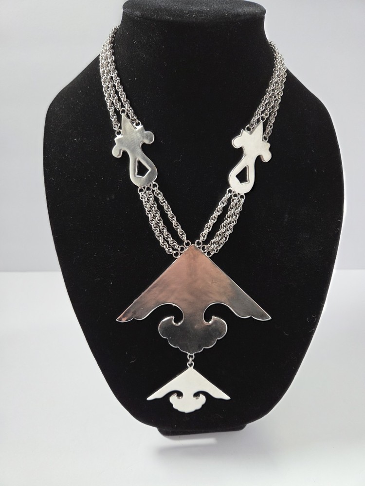 Vintage Signed Les Bernard High End Runway Modernist Silver Tone Necklace