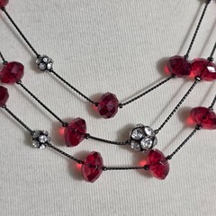 Nine West Multi-Strand Necklace Gunmetal-Tone Chain Red Beads White Rhinestones