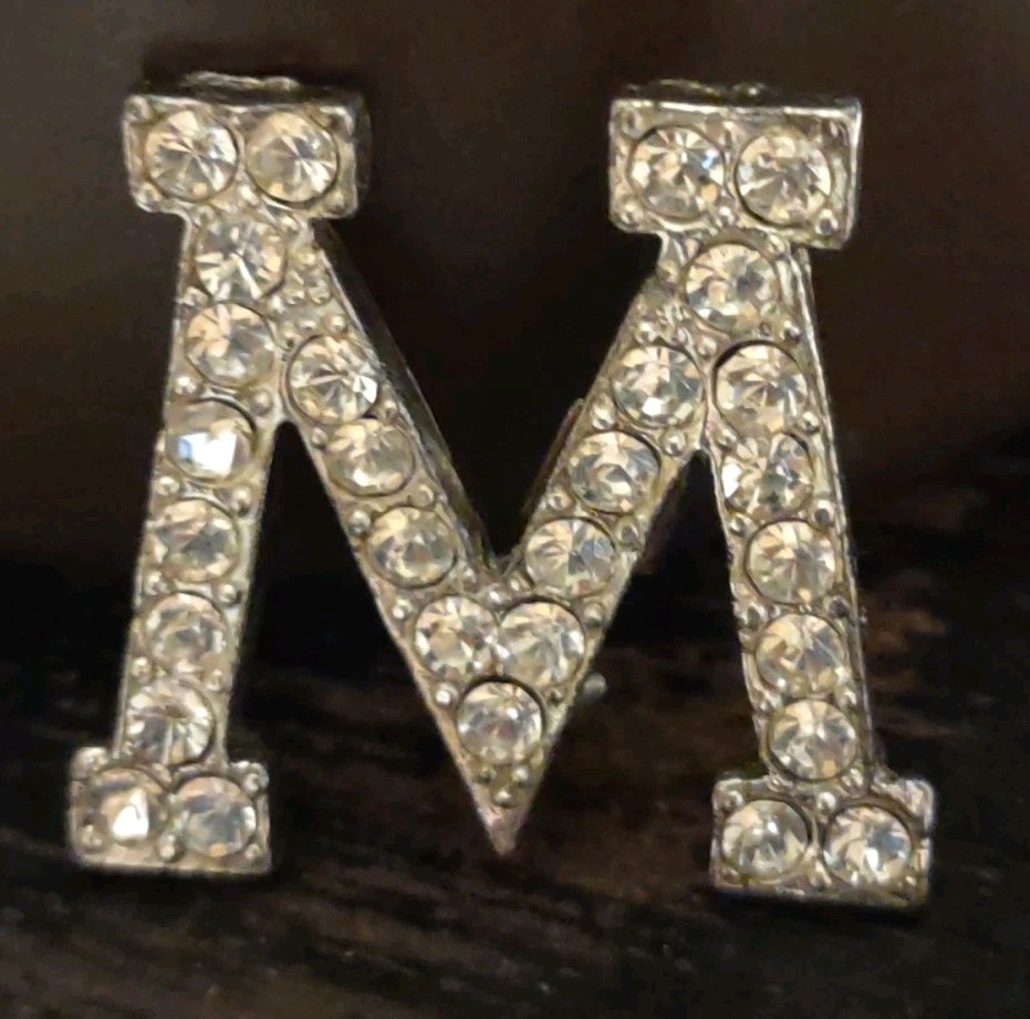Vntg “M or W” Silver Tone Initial PIN w 28 Rhinestones w Secure Clasp 1″x1*