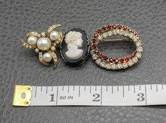 Vintage Brooch Lot – Cameo Faux Pearl Flower Rhinestone Pin Set of 3