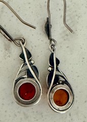 Vintage Sterling Silver Cognac Amber Cabochon Drop Earrings | Ornate Leaf Vine D