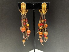 Vintage Catherine Stein Semiprecious Stone Beaded Leather Clip Back Earrings