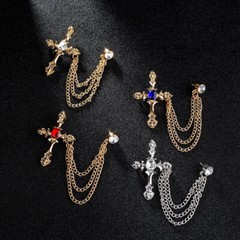 Metal Cross Brooch Crystal Rhinestone Tassel Chain Lapel Pin Fashion Men’s Gifts