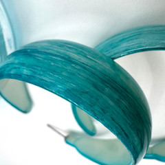 Chunky Lucite Bangles & Earring Set Silver Teal Marble Blue Hoops Bold Retro