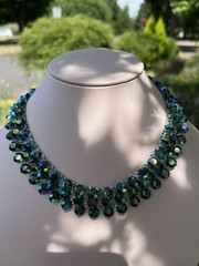Vintage 3 Strand Peacock Green/Blue Aurora Borealis Crystal Necklace Not Signed