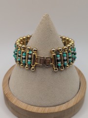 Vintage Estate Gold Tone Green Blue And White Seed Bead Bracelet 7.25″