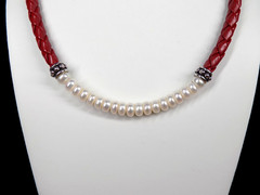 Vintage Honora Pearl Collar Necklace Red Braided Leather 925 Sterling Silver