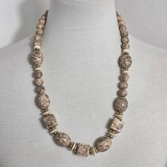 Beaded Statement Necklace Square & Round Beads Flat Gold & White Spacers