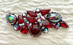 VTG. REGENCY RED & AURORA BOREALIS CABOCHON and RHINESTONE BROOCH & EARRING SET
