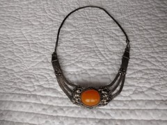 Vintage Antique Tibetan Silver Mesh Orange Beeswax Amber Necklace Jewlery