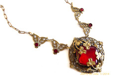 RARE ANTIQUE ART DECO CZECH RED CRYSTAL FILIGREE NECKLACE EARRINGS SET