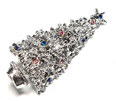 Vintage Silver Tone – Pink & Blue Rhinestone Christmas Tree Pin / Brooch