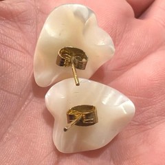Vintage Mother Of Pearl heart shaped lead earrings pink glass stone center