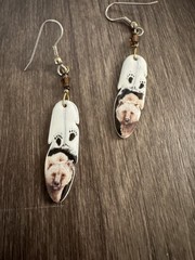 Vintage Ceramic Feather Dangling White Pierced Earrings w/ Painted Bear 2219