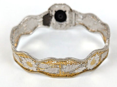1920s Art Deco Rhodium & Gold Filigree Bangle Bracelet Onyx Stone 6.25 in