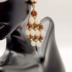 White & Gold Tone Metal Chandelier Cascade Dangle Vintage Earrings Ballroom