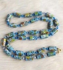 Vintage Blue Polymer Clay Barrel Beads Butterfly Floral Printed Design Necklace