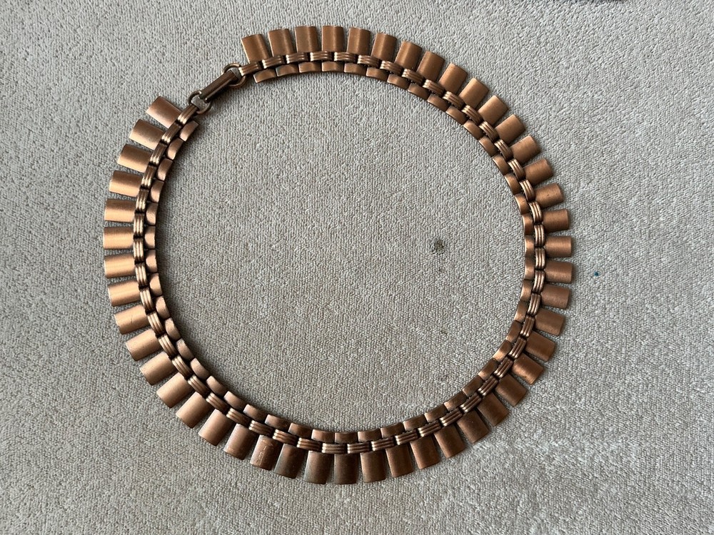 Vintage Solid Copper Art Deco Choker Cleopatra Bib Necklace 15” Heavy Ultra Chic