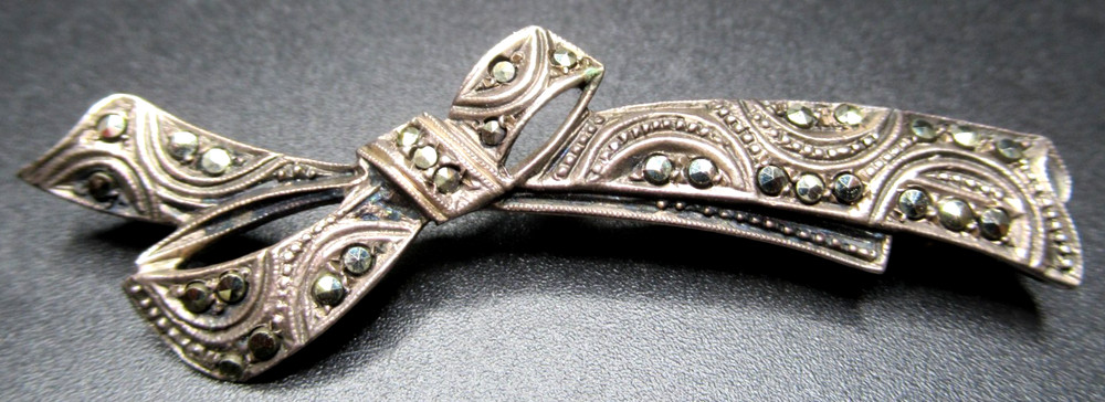 European 935 Sterling Silver Marcasite Antique Pin Brooch