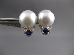 .99CT DIAMOND & AAA SAPPHIRE & SOUTH SEA PEARL 18K WHITE GOLD OVAL STUD EARRINGS