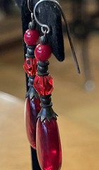 Vintage Red Glass Teardrop Cabochon & Faceted Dangle Drop Pierced Earrings