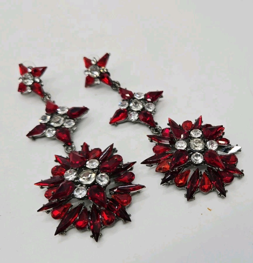 Red Crystal Chandelier Earrings Flower Black Metal Pierced Couture Art Deco 4 in