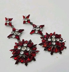 Red Crystal Chandelier Earrings Flower Black Metal Pierced Couture Art Deco 4 in