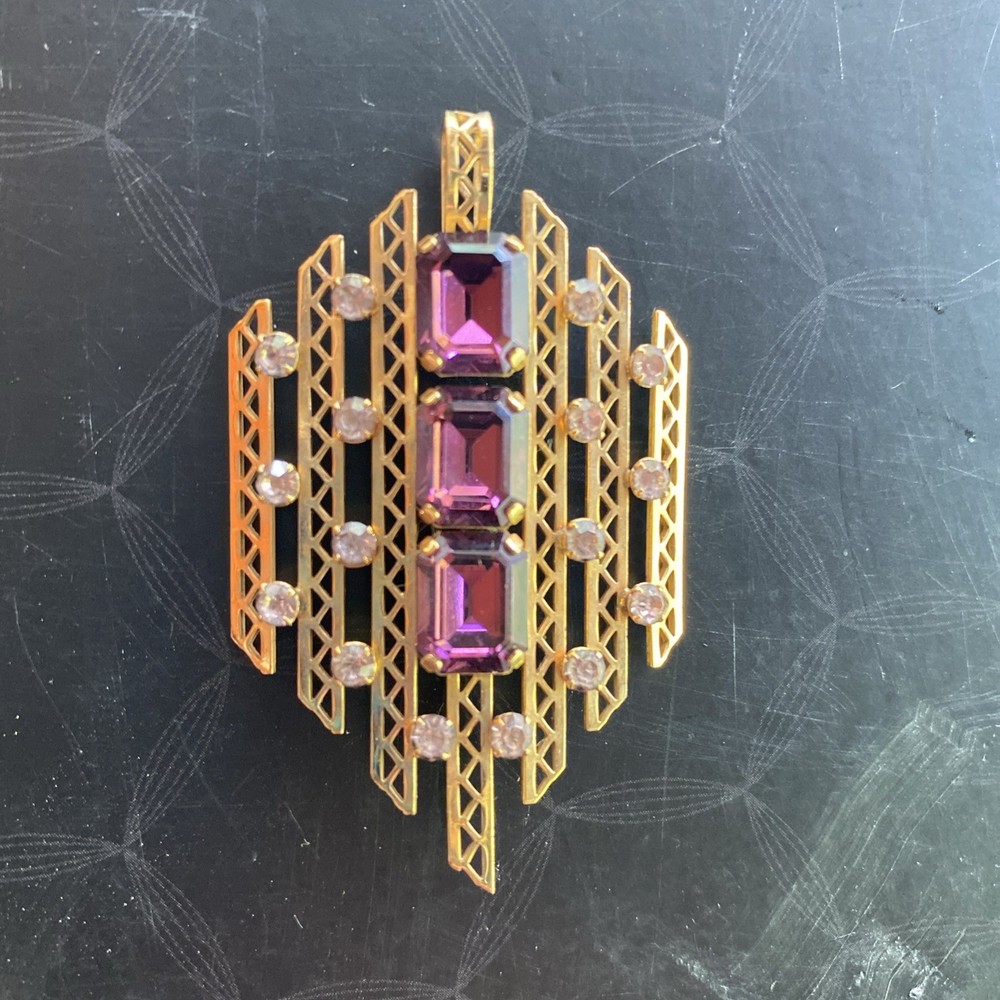 ABSOLUTELY STUNNING! N/M VTG ANTIQUE GOLD FILLED DECO pendant PURPLE RHINESTONES