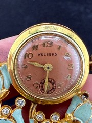 Vintage Welsbro Watch Brooch Tulips Pot Metal Rhinestone NICE Untested