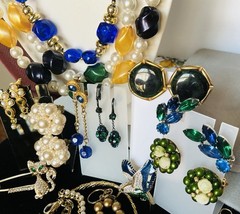 Vintage Blue/Green/Gold Jewelry Mix Lot Earrings Necklace RS Beads Glass Enamel
