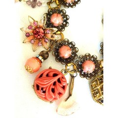 VTG Assemblage Charm Bracelet Pink Floral OOAK Upcycled Statement Jewelry 7.5″