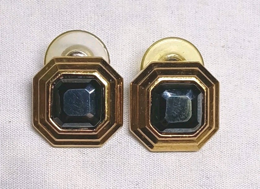 Lanvin Gold Tone And Hematite Square Post Earrings Signed Germany Vintage