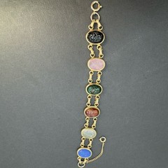 Vintage Double‑Strand Scarab Bracelet Gold Tone Carved Stones Safety Chain 7in