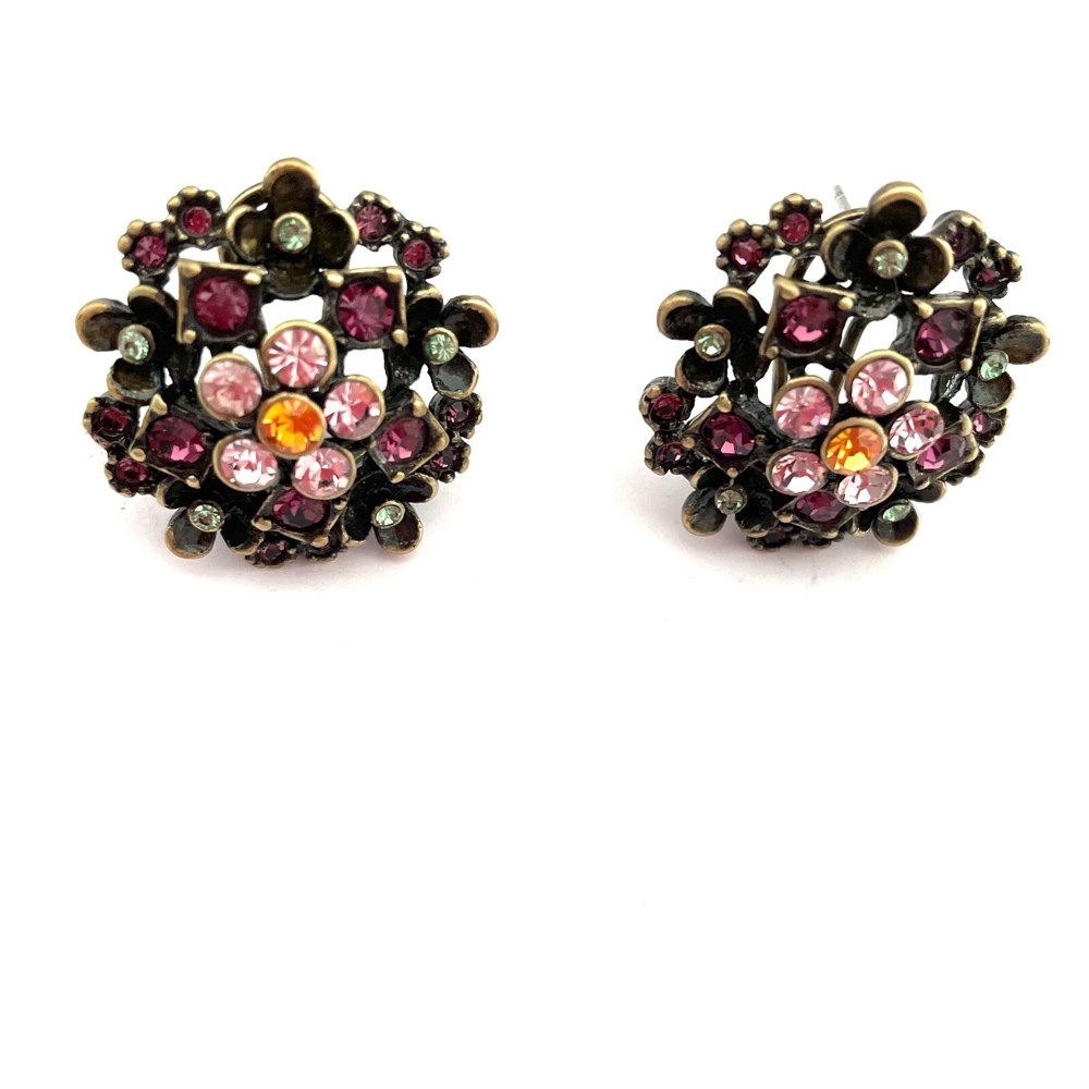 Vintage LaVintage Rhinestone Flower Earrings Burnished Gold Tone