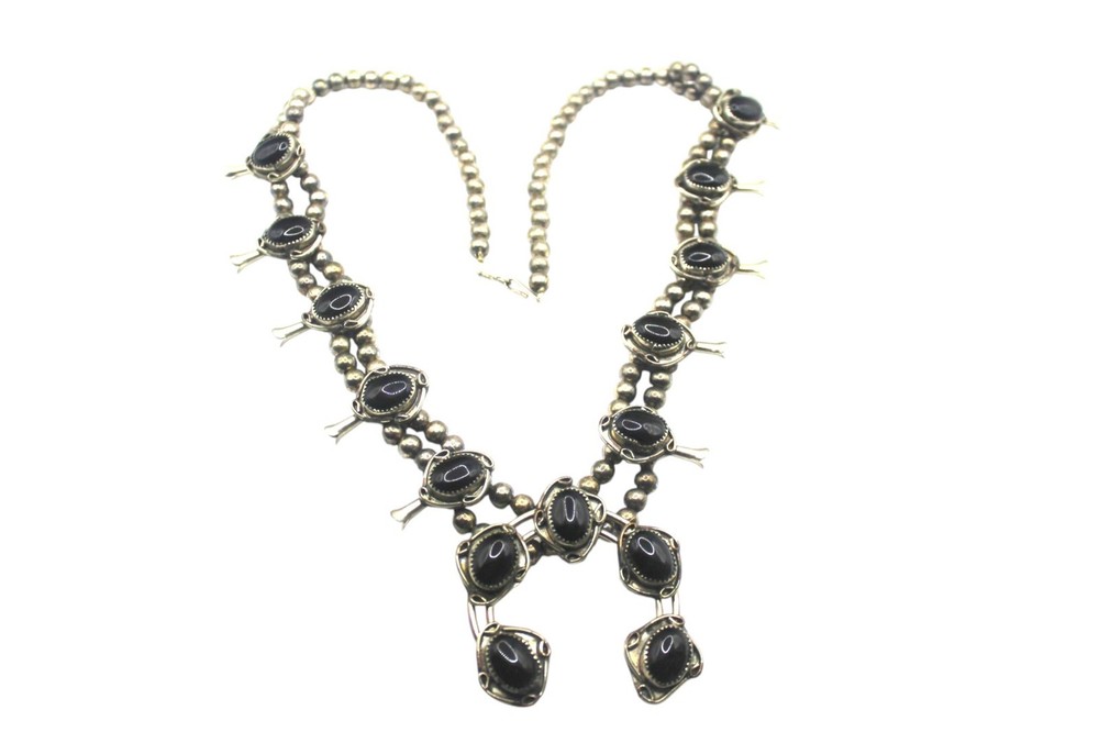 Vintage Silver Tone Black Onyx Squash Blossom Statement 24in Western Nickle