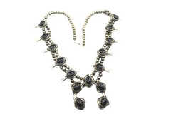 Vintage Silver Tone Black Onyx Squash Blossom Statement 24in Western Nickle